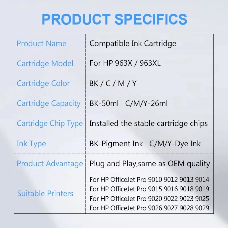 Per HP 963X 963XL Cartuccia d'inchiostro compatibile per HP OfficeJet Pro 9010 9012 9013 9014 9015 9016 9022 9023 9025 Serbatoio d'inchiostro della stampante