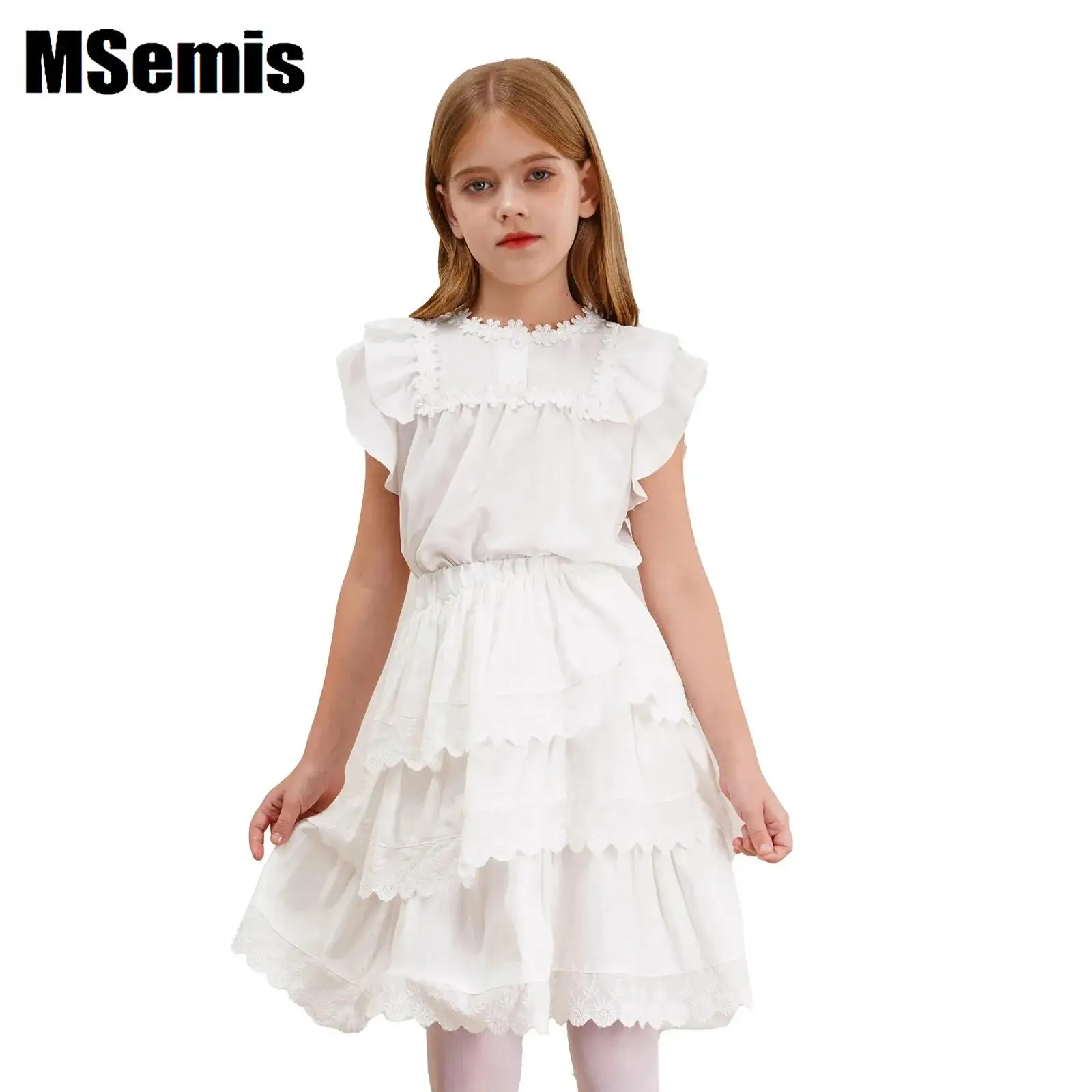 

Kids Lovely Tiered Skirt Girls Elastic Waistband Embroidered Flower Trim A-line Skirt for Daily Wear Outdoor Activities