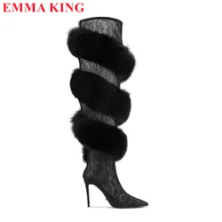 Sexy Ladies Black Lace Fur Cross-tied Thigh High Boots Women Furry Pointed Toe Overknee Boots High Heel Party Shoes Woman 2024