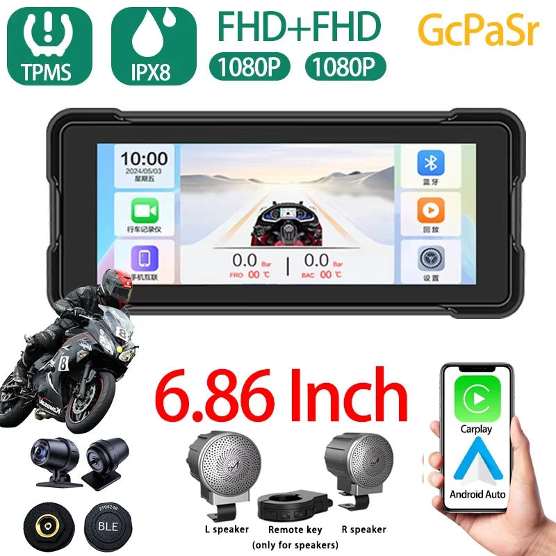 6.86 inch Motorcycle Carplay Water Proof WiFi Wireless Android-Auto DVR Monitor Dash Camera GPS Navigation TPMS Bluetooth