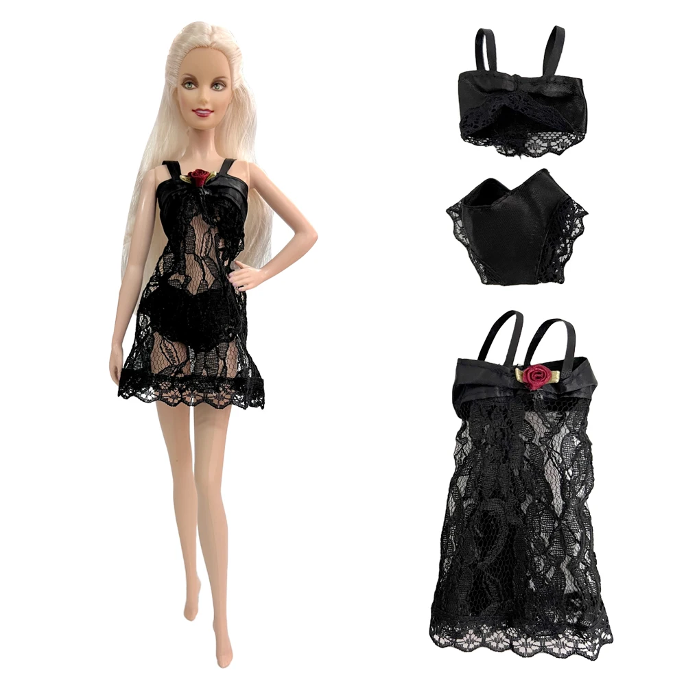 3 Items/ Set Black Dress for Barbie Doll Clothes Lace Pajamas Fashion Underwear Lingerie Bra Dress Homewear Dolls Accessories