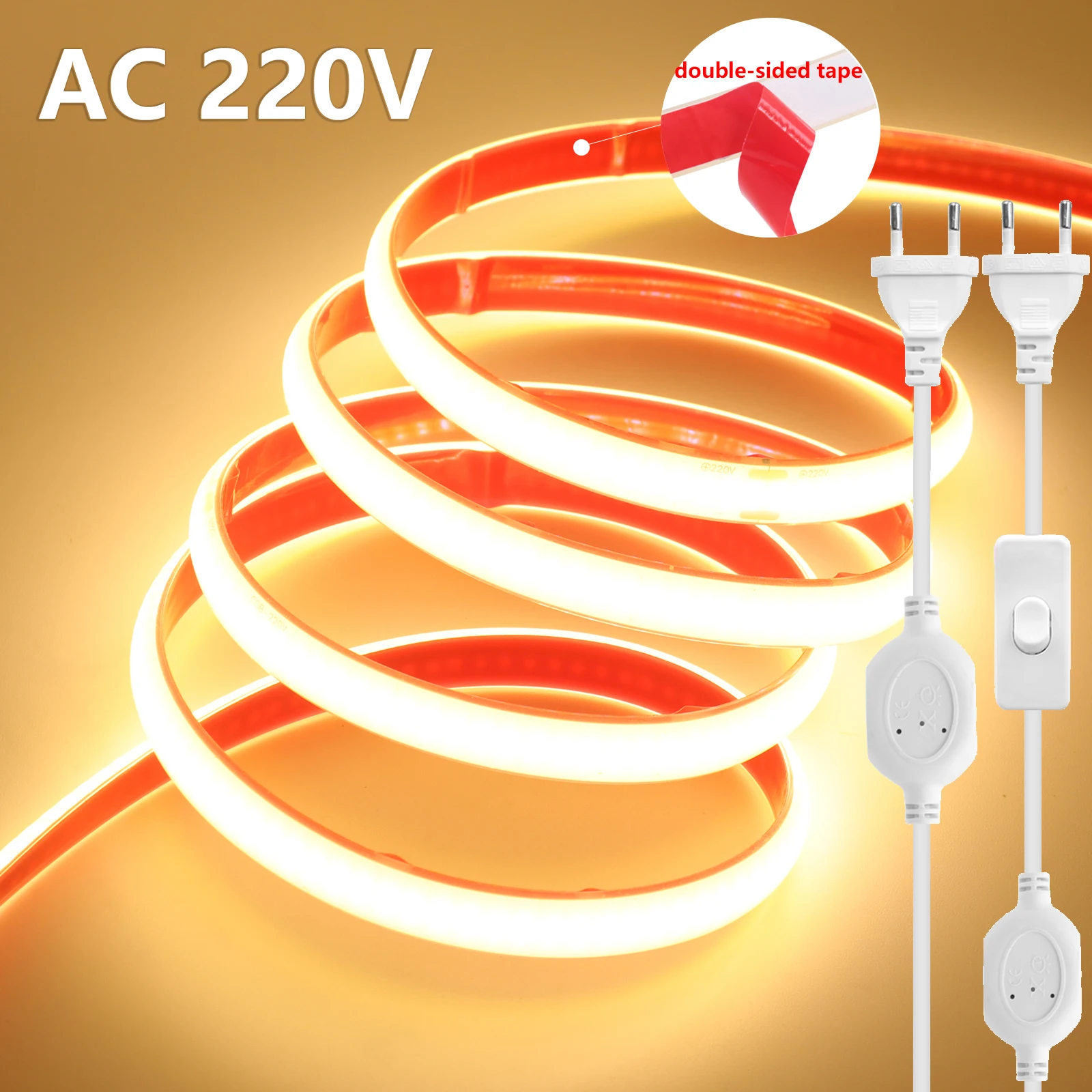 

220V COB LED Strip 0.5m 10m 20m 35m Adhesive LED Strip with Switch and Plug 288LEDs/m Waterproof Flexible Ribbon for Home Decor