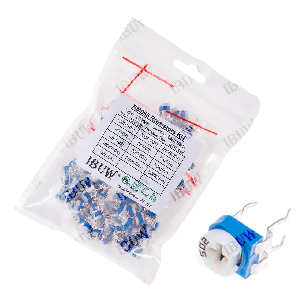 

Набор резисторов RM065, 130 шт., 13 значений (100R-1MΩ), горизонтальные, для электронных схем, DIY, 100R, 10K, 20K, 50K, 100K, 200K, 500K