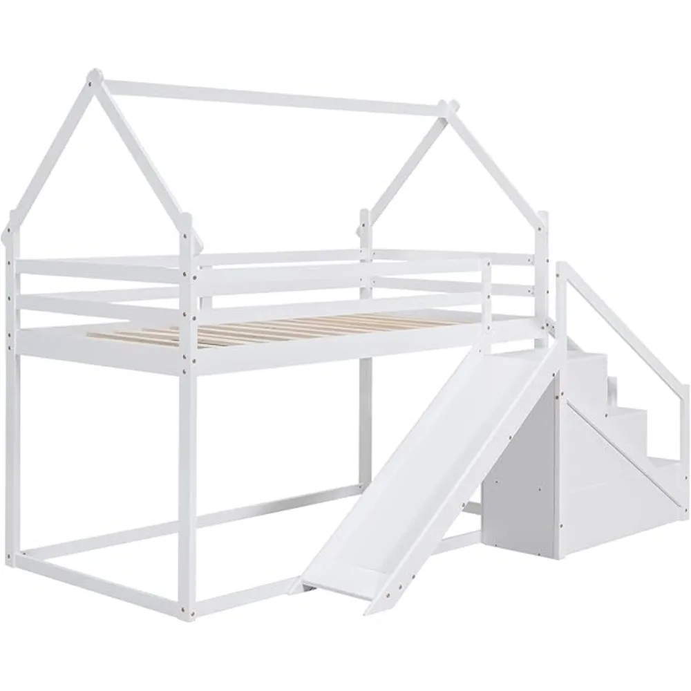 Twin Over Twin House stapelbed met glijbaan en trap, massief houten hoogs-/stapelbedframe met veiligheidsleuningen voor kinderen