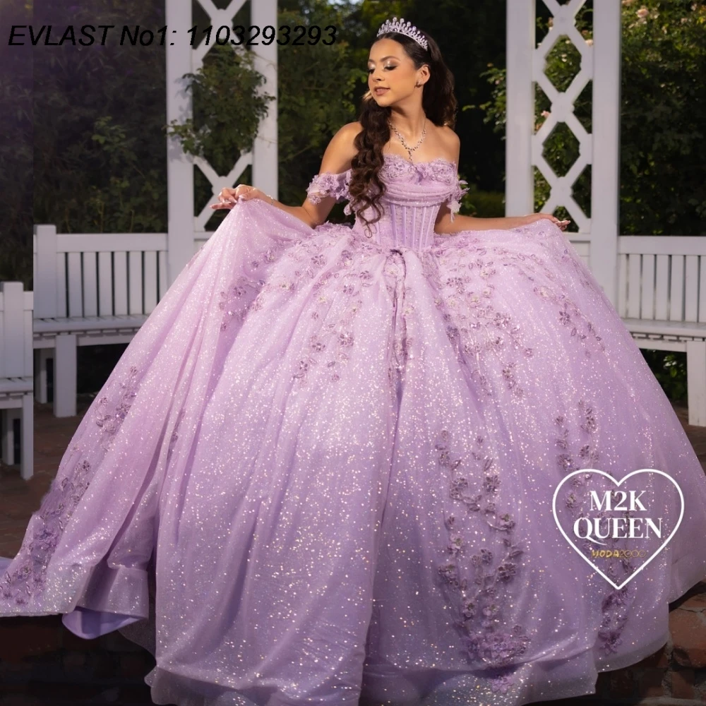 

EVLAST Customized Princess Lavender Ball Gown Quinceanera Dress Floral Applique Beading Bow Sweet 16 Vestidos De 15 Anos E1QN324