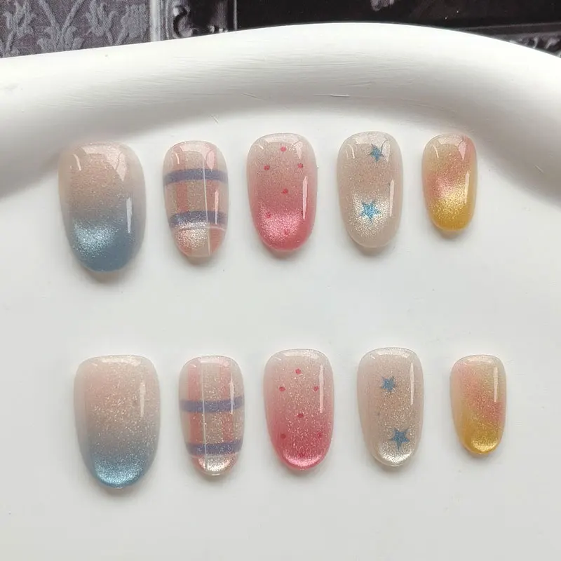 10 Stück Bunte Karierte Stern-Ösen Fein Glitzernde Ösen Mandel-Design Hochwertige Aufklebbare Nägel Maniküre-Aufkleber Press-on-Nägel – Detail 9