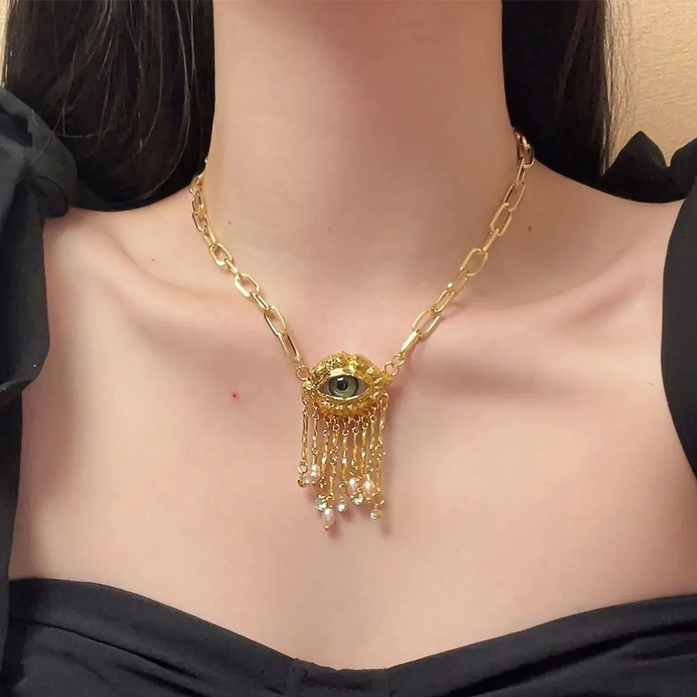 Collar Vintage de ojos de demonio con borlas, collar de ojo de diablo con perlas de imitación, collar con colgante exagerado a la moda para mujer y niña