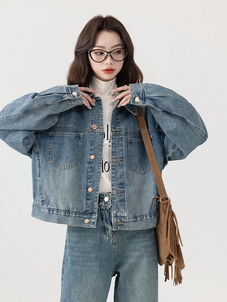 Damska kurtka jeansowa w stylu retro Hong Kong, luźna, uniwersalna, wyszczuplająca, zapinana na guziki, z kołnierzykiem, długa rękaw.