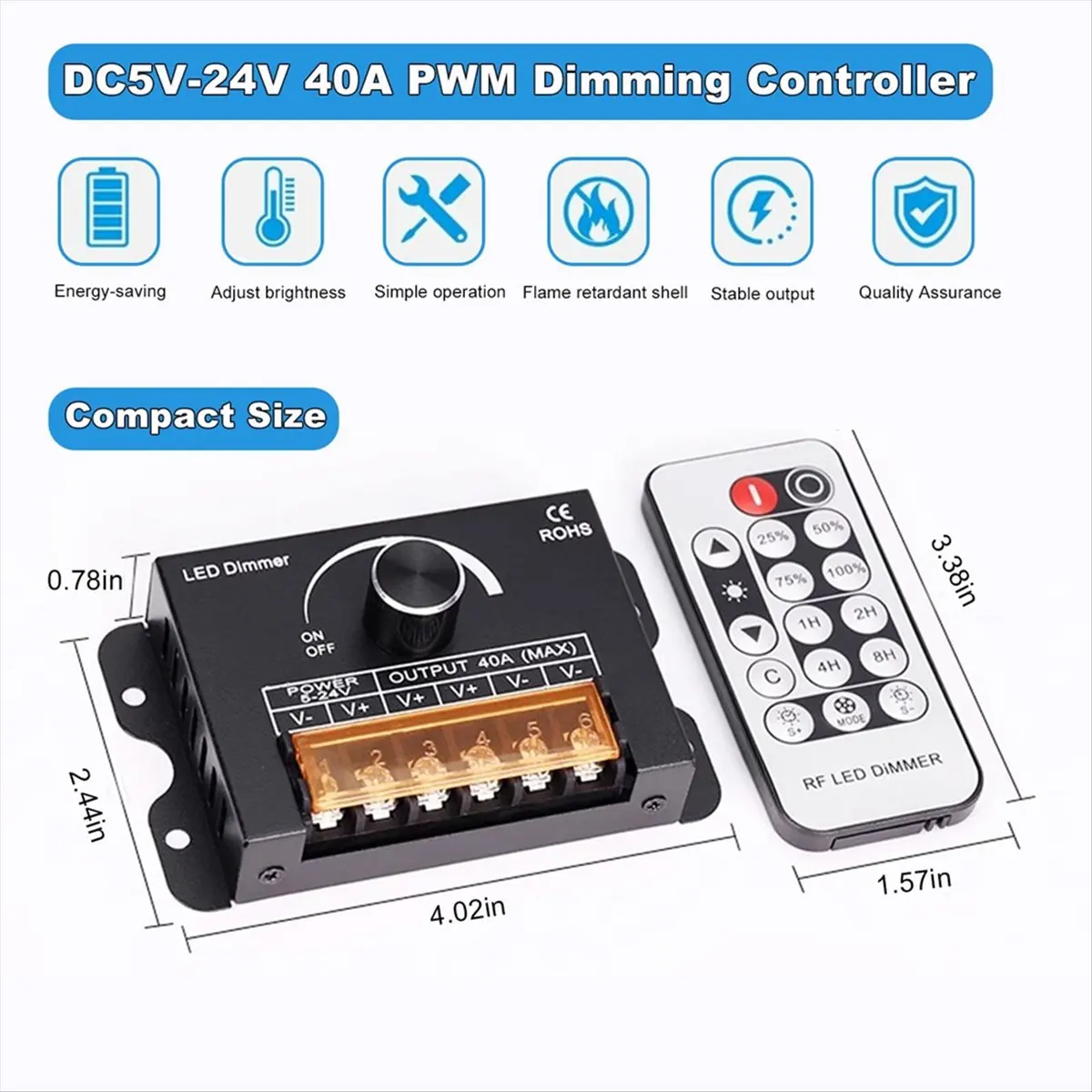 Budget-Friendly 12v LED Dimmer Switch with Remote Control &Timer Function, DC 5-24V 40A Aluminum Housing PWM Dimming Controller