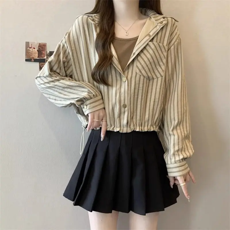 Camisas de manga larga fruncidas a rayas para mujer, blusa informal para primavera y otoño, Tops de Joker diarios coreanos a la moda para mujer 2025