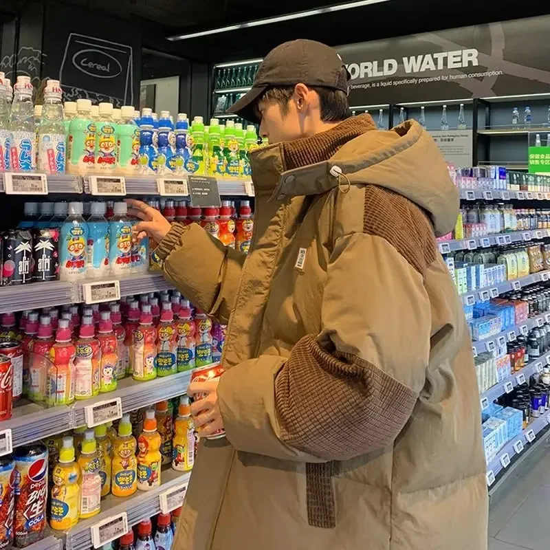 الشتاء رجل سترة المرقعة الوقوف طوق فضفاض الذكور أسفل ملابس خارجية الباردة واقية طويلة الأكمام مقنعين فضفاضة تنوعا الرجال معطف #2