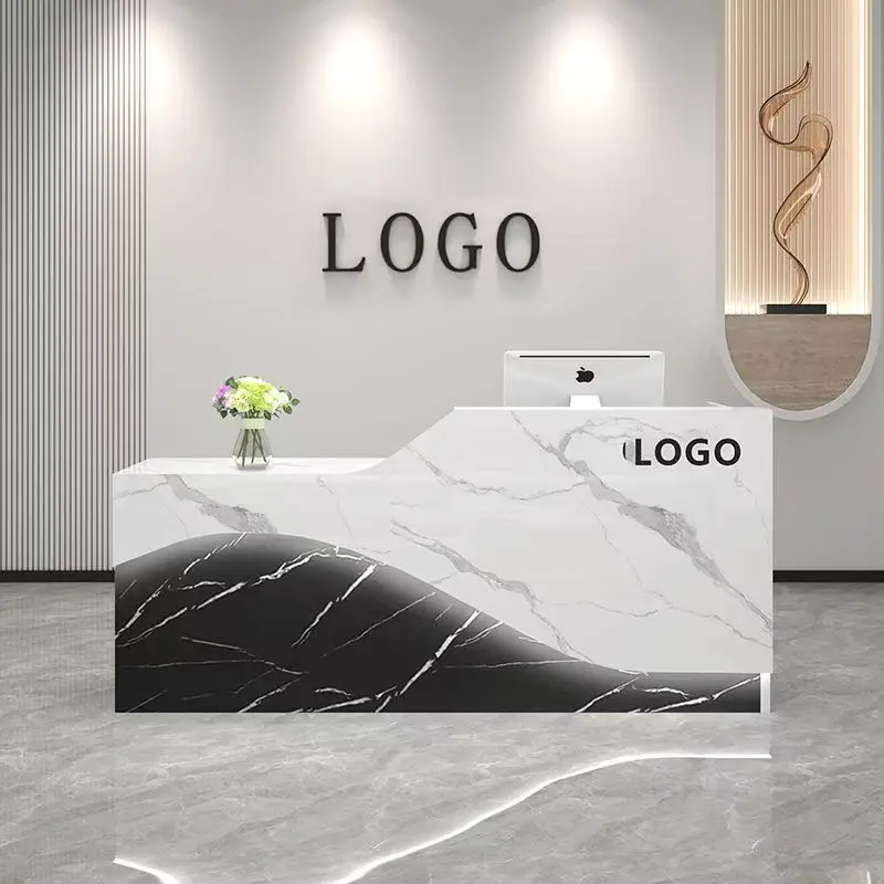 

bmWooden Marble Reception Desk Modern luxury design Minimalist style reception Customizable LED strip with graceful lines&
