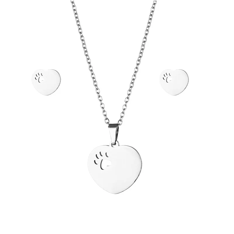316L NEW Stainless Steel Pendant Heart earrings Necklace set women Footprint Jewelry Daughter Mother\'s Day Gifts Choker TZ123