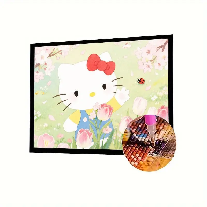 Kit di pittura diamante Hello Kitty carino da 1 pezzo, arte con strass 5D fai da te con trapano completo caratterizzato da giardino primaverile con tulipani in fiore, ciliegia