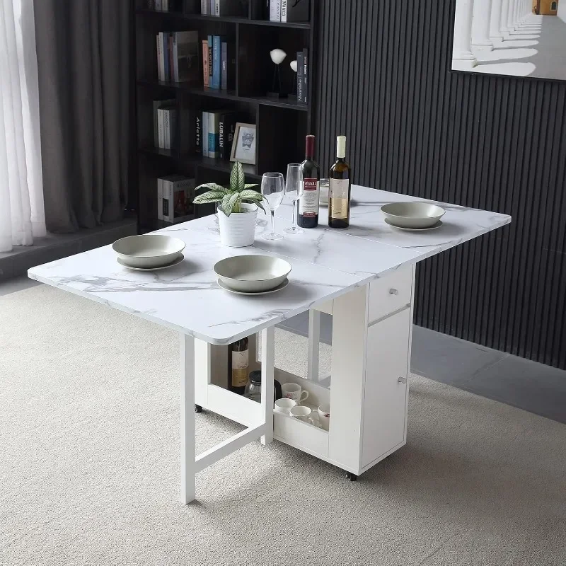 Table with Rack and 2 Storage Drawers, Movable Extendable Space Saving Kitchen Table in 3 Forms (White)