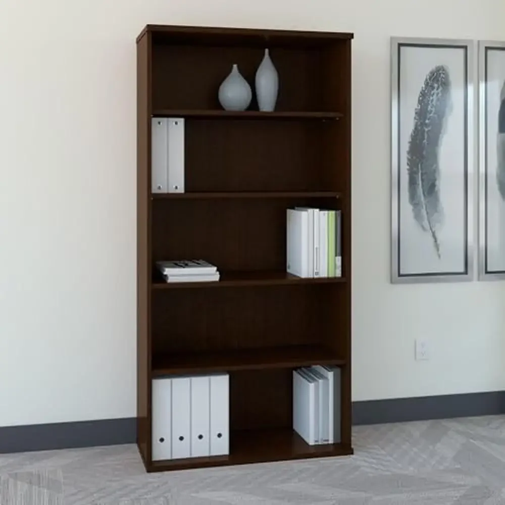 5-fach verstellbares hohes Bücherregal der Serie C für Zuhause und Büro, langlebiges Holzwerkstoff, Wandmontage, abgestuftes Regal, Mokka-Kirsch-Finish