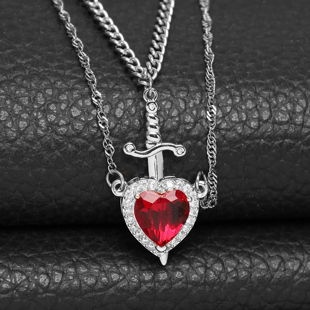 

Heart and Sword Necklace - Couple Necklaces - Golden Plated Zircon Crystal Ring Bracelet Necklace Jewelry Set