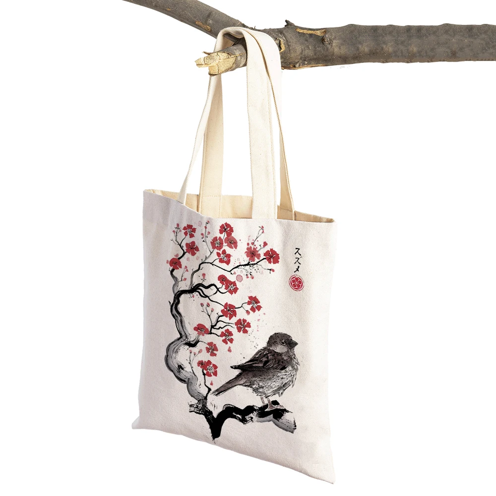 Japanese Koi Gru Japan Dream Deer Cat Sakura Women Shopping Bags Double Print Casual Canvas Eco Handbag Shopper Bag Lady Tote