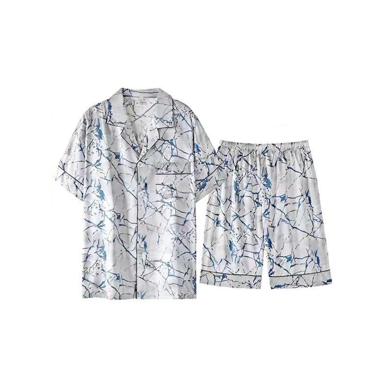 

L NIGO Men's Summer Blue Print Full Print Lapel Single Breasted Casual Short Sleeve Shirt Elastic Waist Shorts #nigo98438