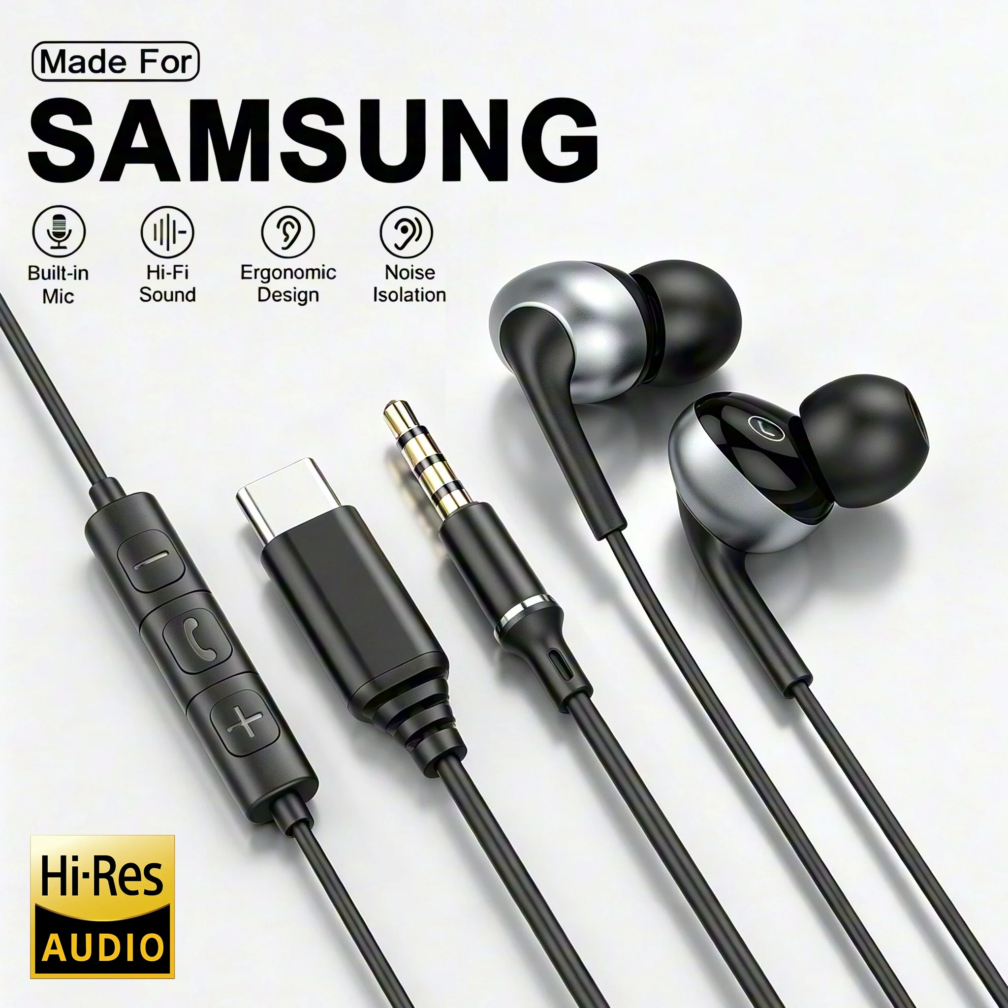 For Samsung Headphones USB Type C Wired Earphone With Wire Control Mic In-ear Earplugs For Galaxy S25 S24 S23 S22 Ultra Earplugs