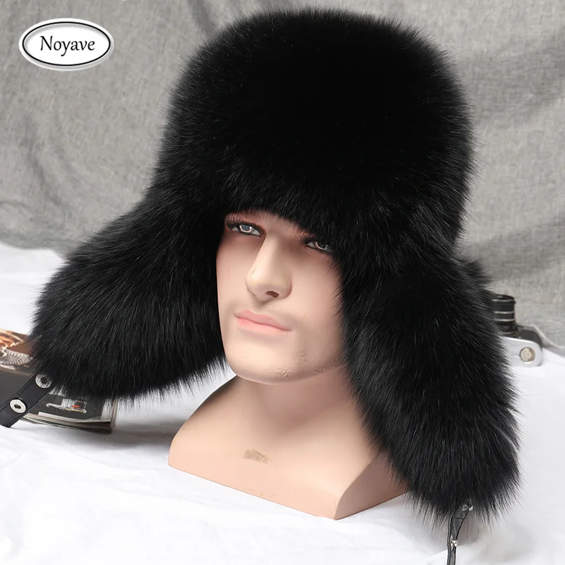 Men Hats Winter Natural Real Fox Fur Bombers Hats Outdoor Warm Soft Luxury Fashion Raccoon Fur Cap Real Sheepskin Leather Hat