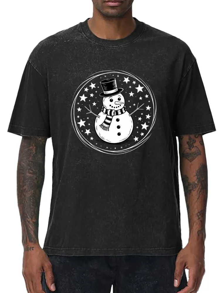تي شيرت Snowman Crystal Ball 230 جرام من القطن الثقيل المغسول كبير الحجم للرجال برسومات عيد الميلاد تي شيرت كاجوال كلاسيكي #1