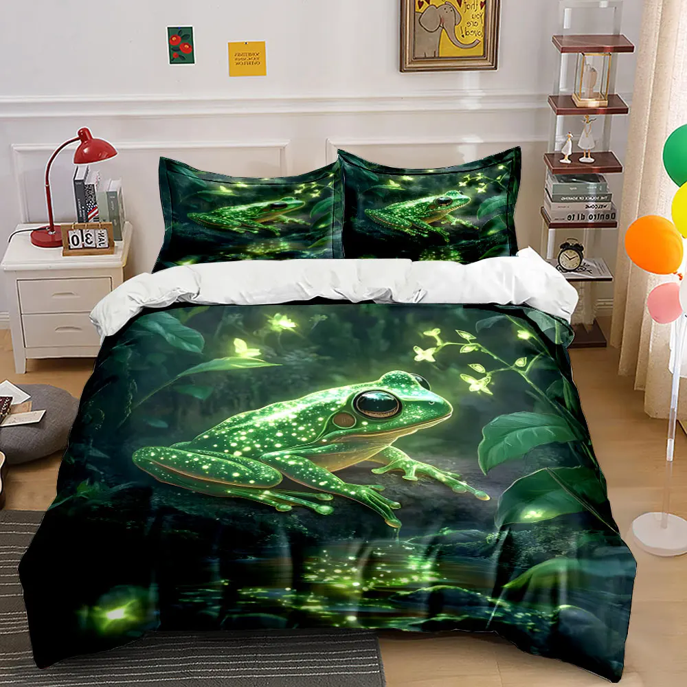 Glowing frog radiates light in forest stream Print Bedding set 3PC 1 duvet cover 2 pillowcases adult and children bedding set