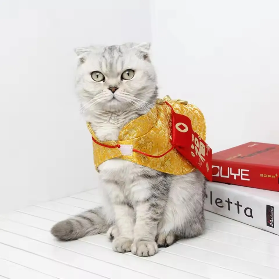 Pet Cat Dog Costume Chinese Style Cat Suit Spring Festival Cape Neck Red Envelope Christmas New Year Collar Bow Tie Costume