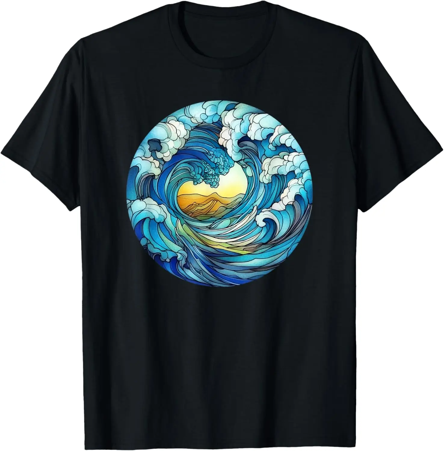 Ocean Wave Forming Heart Cloud Stained Glass Pattern Print T-Shirt