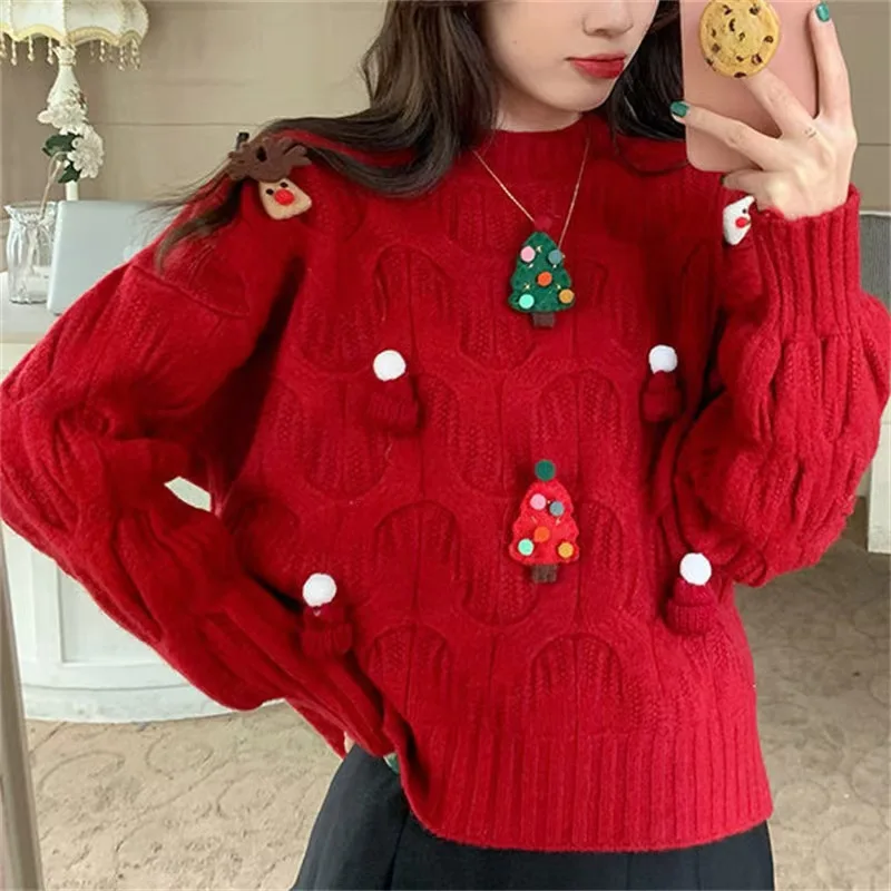 Sweater rajut tambal sulam 3D natal wanita, Sweater rajut Tahun Baru musim gugur, pullover rajut, pakaian rajut mode musim dingin