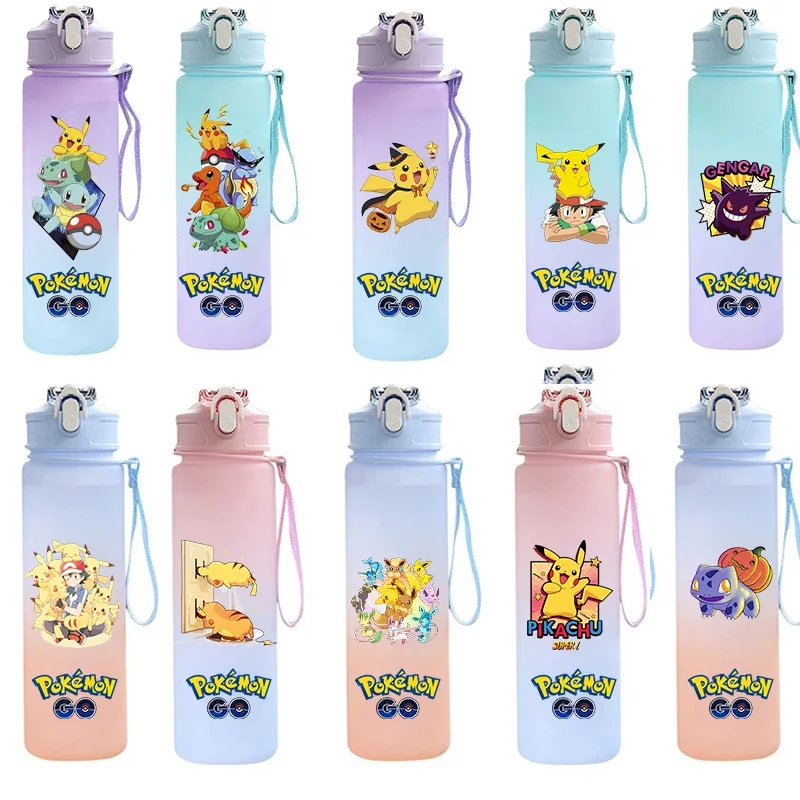 750Ml Pokemon Pikachu Mewtwo Charizard plástico gradiente Color paja taza de agua deporte botella de agua al aire libre de gran capacidad Gengar