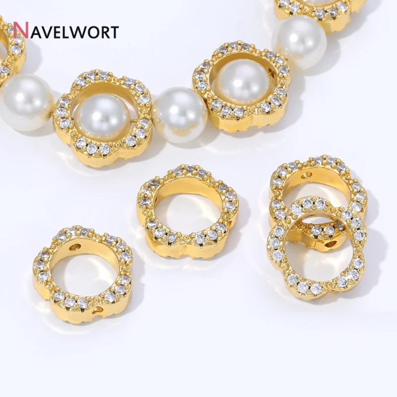 Conector de Cuentas con Marco de Flor de Zirconia y Latón Chapado en Oro de 18K, para Accesorios de Fabricación de Pulseras y Collares DIY