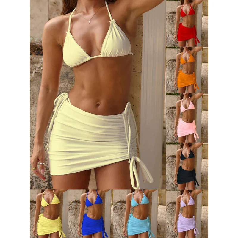 

2025Nian Yonghe New Halter Neck Tie Bikini Three-Piece Swimsuit Summer Beach Vacation Women