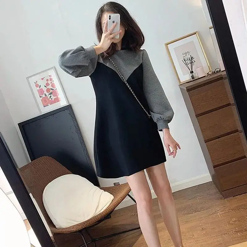 

Casual Patchwork Long Sleeve Midi Dress Women's Clothing Fake Two Pieces Spring Autumn Korean Round Neck A-Line Loose Dresses