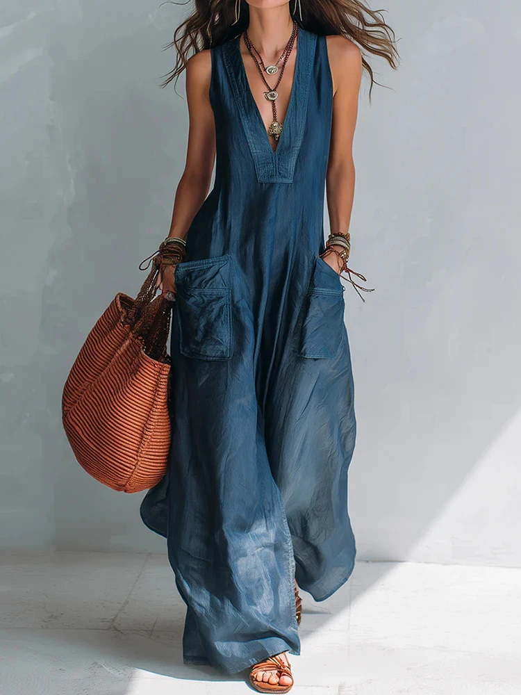 Weite Hosen Ärmellose Schicke Jumpsuits, Damen Sommer Einfarbige Patchwork V-Ausschnitt Playsuits, 2026 Lässige Taschen-Damenbodysuits