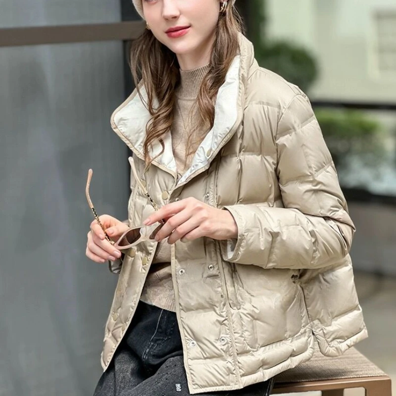 Light Thin Down Jackets for Women, Collision Two Sides Wear, Stand-up Collar, Female Outerwear, Fashion Winter Coat, New, 2024