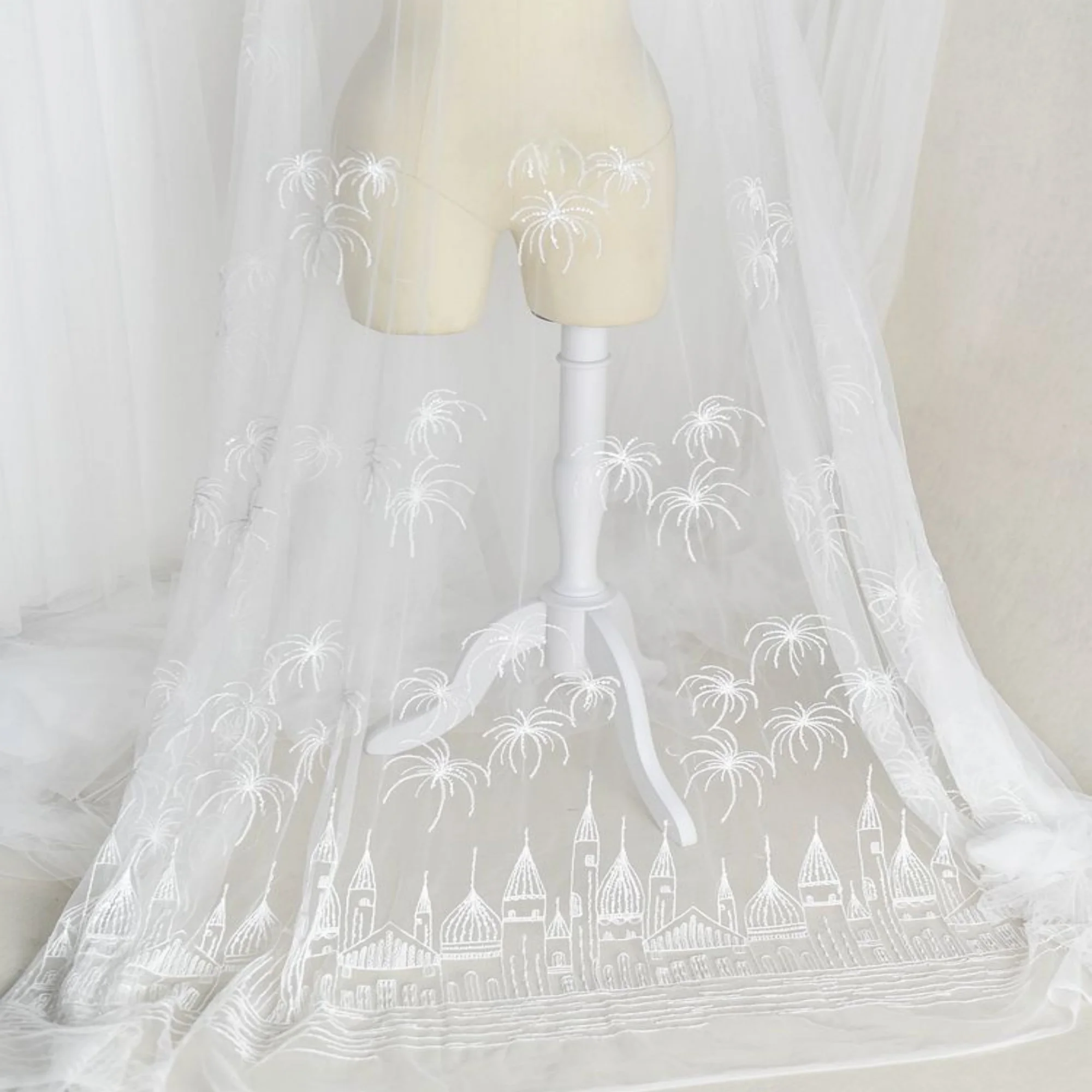 

0.5 yard Width 53.14 inches IVORY lace fabric,Small city firework beaded lace fabric,lace for DIY dress,135CM