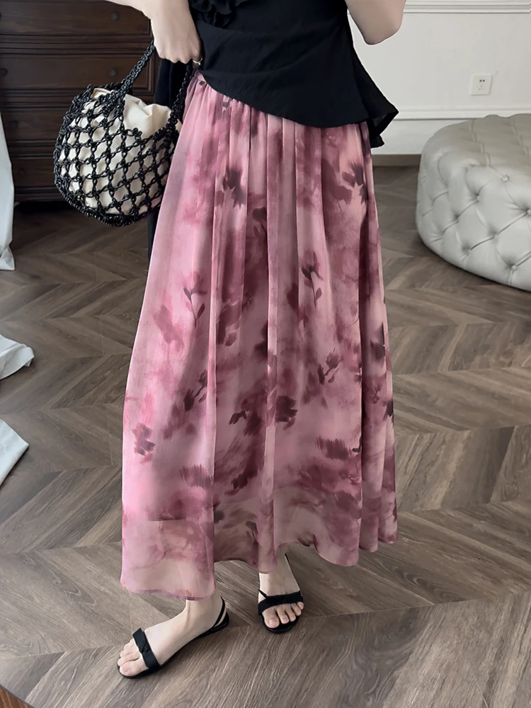 

Юбка-миди Zhang ei 25SS "Plum Vine" с эффектом тай-дай, эластичным поясом и расклешенным подолом, для повседневной носки, простая и элегантная.