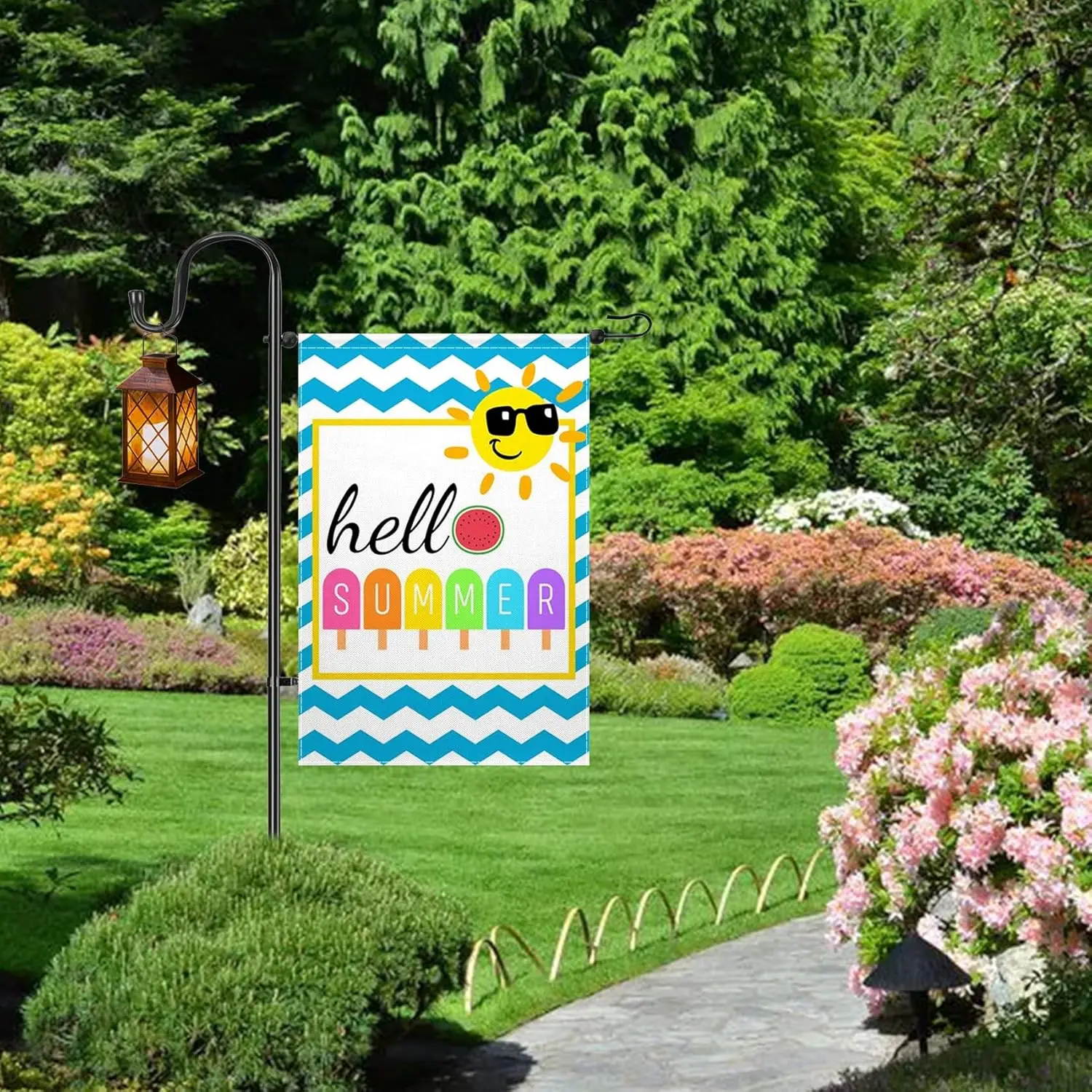 Hello Summer Garden Flag Sun Blue Waves Watermelon Ice Cream Garden Flag 12x18 inch Double Sided Small Burlap Yard Flag Vertical