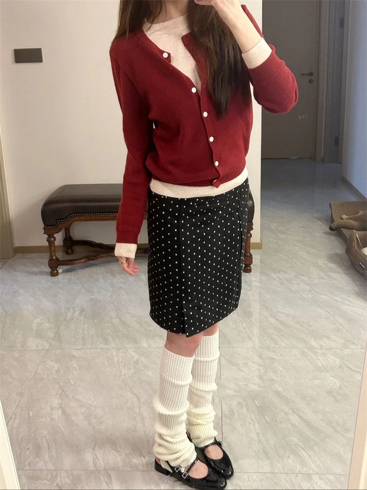 Retro polka dot cintura alta a linha saia feminina outono novo sle emagrecimento mistura de lã envoltório em torno da saia midi