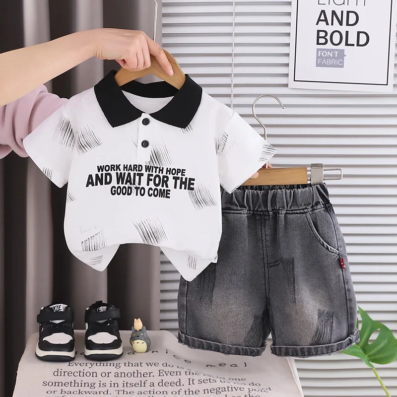 Summer Hot Sale Toddler Boys 2pcs Clothes Set Short Sleeve Polo Shirt Denim Shorts Kids Comfortable Casual Daily Wear Outfits