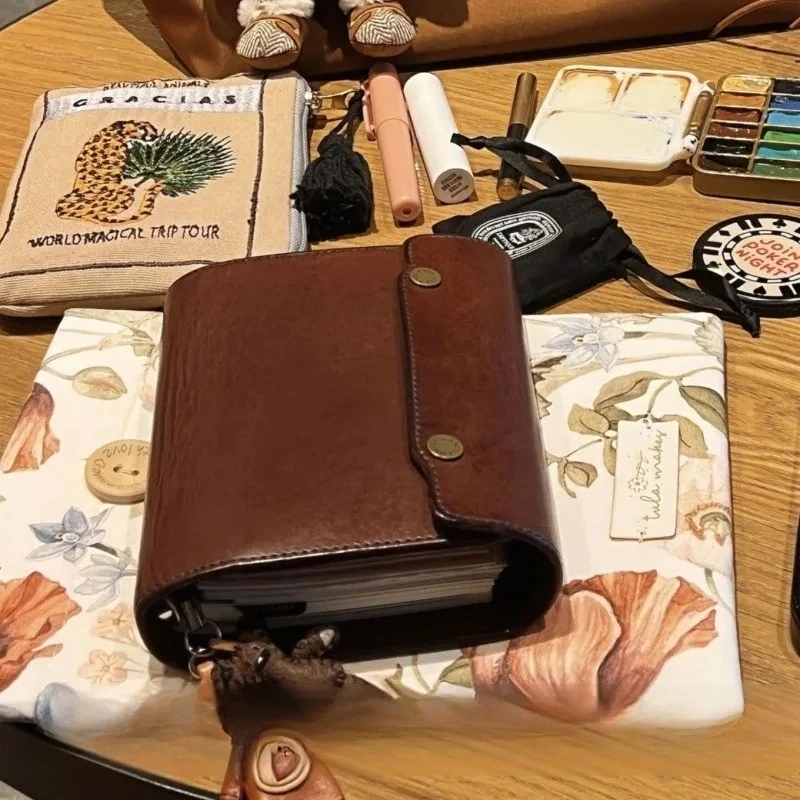 Retro Brown M5 Handmade Leather Binder Three-fold Diary Student Travel Planning and Daily Diary Writing