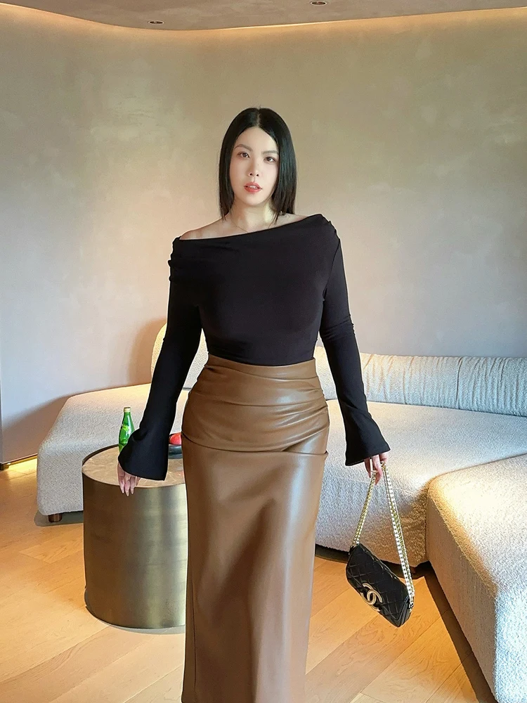 

Ele Юбка из искусственной кожи с высокой талией, прямая кожаная юбка с разрезом, сексуальная утягивающая осенне-зимняя длинная све Dr