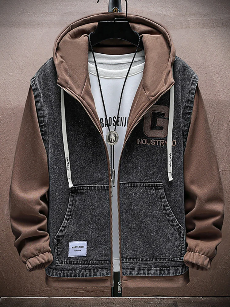 

Мужская джинсовая куртка с капюшоном, повседневная, осенне-зимняя, модная, брендовая, с элементами кэжуал-стиля, на молнии, для весны и лета...