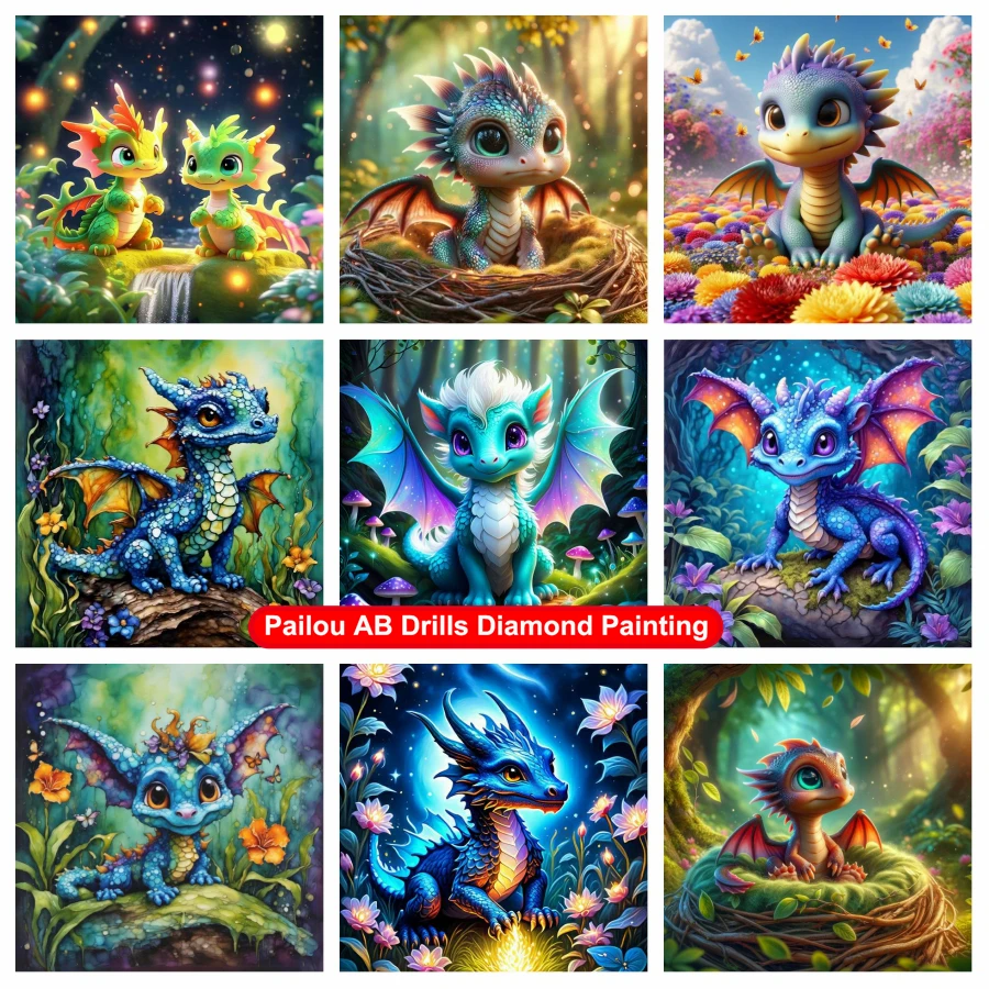 

Fantasy Green And Blue Baby Dragon AB Diamond Art Painting Cute Forest Dragon Animals With Flower Cross Stitch Mosaic Home Decor