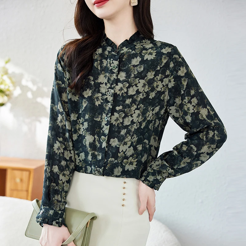

Spring Autumn Women's Floral Print Shirt 100% Real Silk Elegant Shirts Blouses for Women Long Sleeve Tops Woman Vintage Blouse