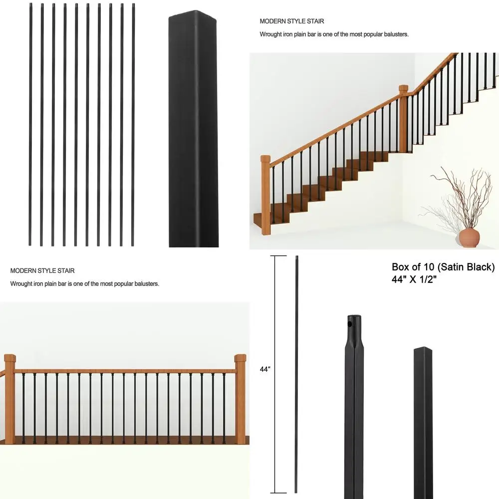 

Hollow Metal Balusters for Staircases, 44 x 1/2, Set of 10, Satin Black Finish