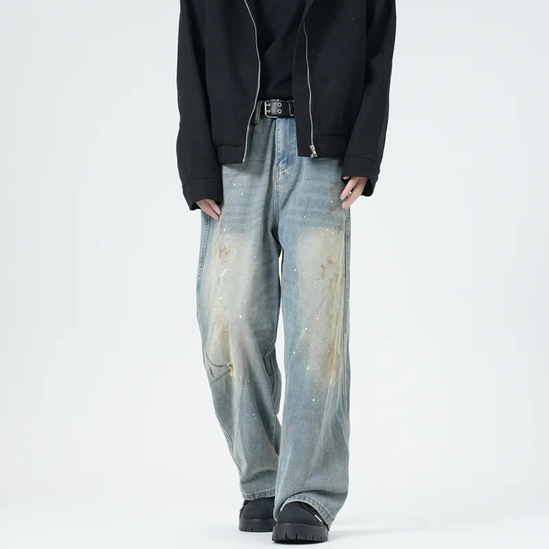 الشارع الشهير اليابانية خمر الجينز المتعثرة للرجال الكورية غسلها الدنيم البضائع السراويل مستقيم الساق عارضة طويلة السراويل الذكور