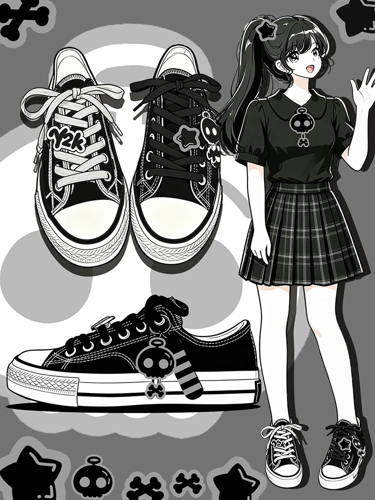 Amy and Michael Fashion Gothic Charms Damen-Canvas-Schuhe, Originaldesign, schwarze Low-Top-Flache Freizeitsneaker für Mädchen und Studentinnen – Detail 3