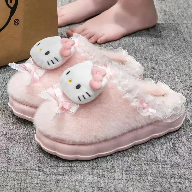 

New Hello Kitty Cotton Slippers Female Sanrio Cinnamoroll Kuromi Anti Slip Thick Bottom Warm Plush Slippers Girls Birthday Gifts